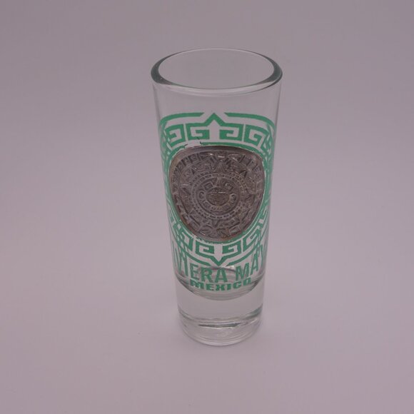Saritos 26 Riviera Maya Mexico Shot Glass with Metal Aztec Circle - Picture 1 of 9